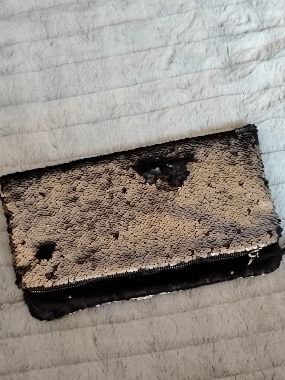 Sequin Fold-Over Clutch Bag in Metallic and Black